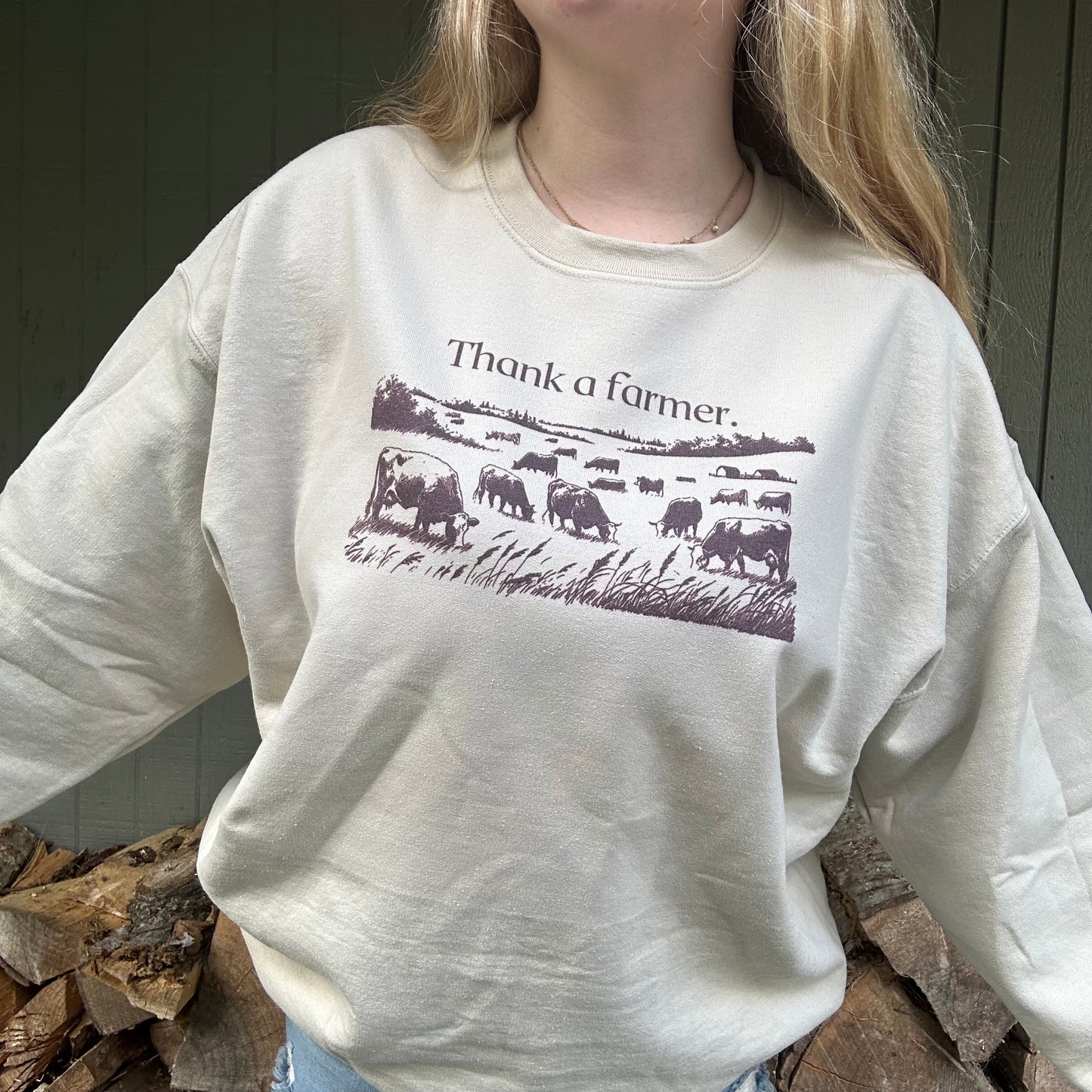 Thank a farmer. Full farm crewneck sweatshirt